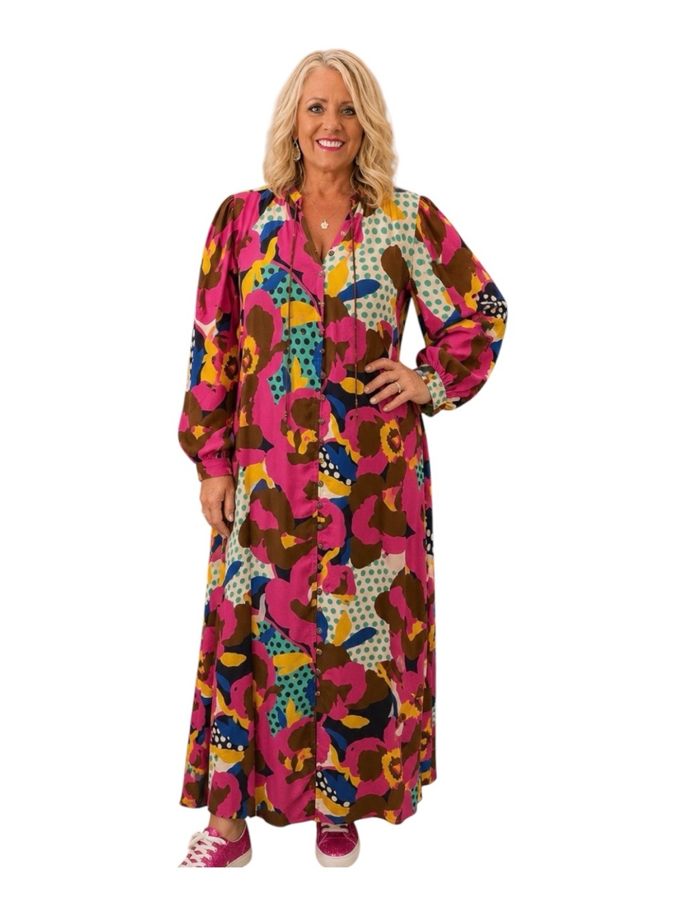 Karlie Fuchsia Multicolor Floral Button-Front Kimono Maxi Dress Large